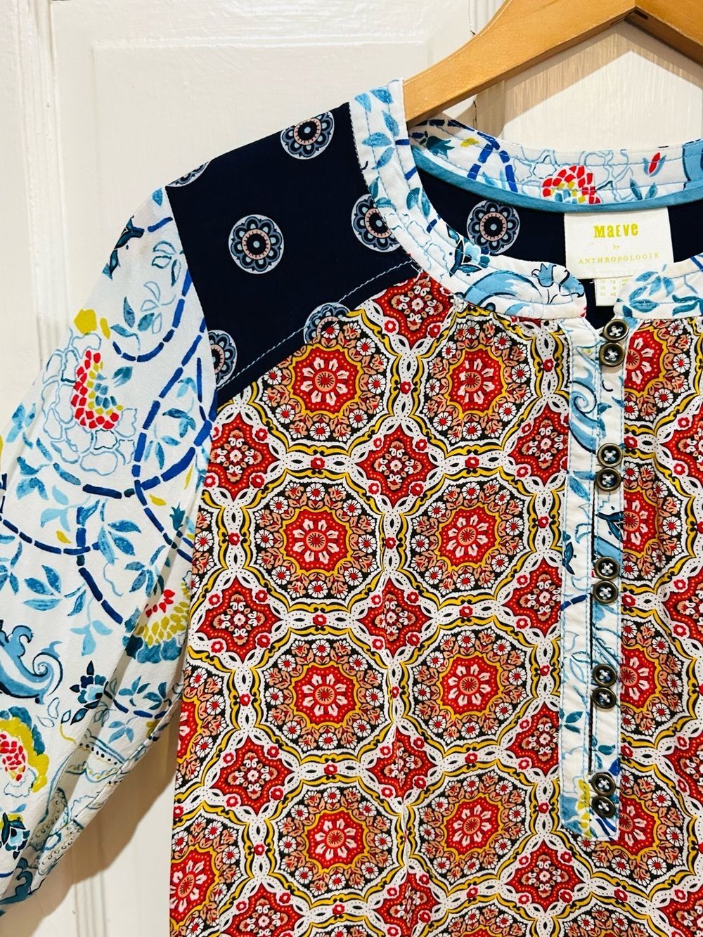 Anthropologie Maeve Mandala Henley Top Boho Maximalist Dopamine Paisley Size 8 - Picture 7 of 10